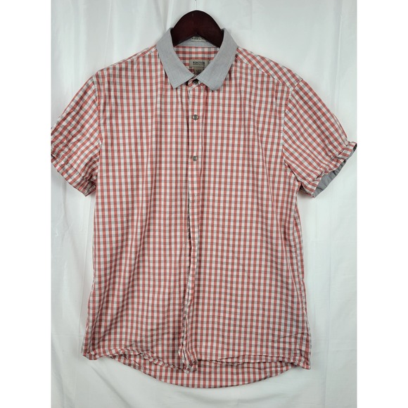 Reaction Kenneth Cole Mens Large Gingham Checkered Short Sleeve Shirt - Picture 2 of 7